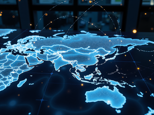 现代化国际贸易场景，全球地图背景，商务人士握手，蓝色商务氛围